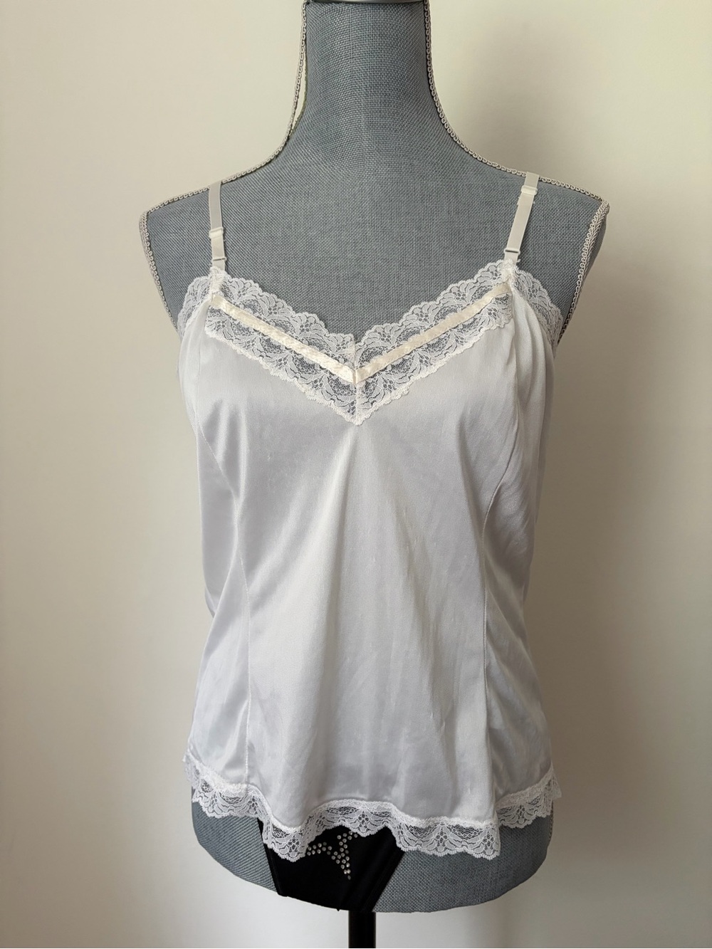 Vintage White Nylon Camisole with Lace Trim and Satin Ribbon